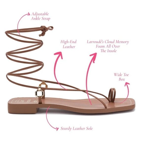 Larroude Portofino Flat Sandals in Caramel Leather 6 With Box Womens Wrap Slides - Picture 4 of 16